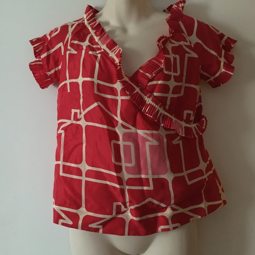 ORLA KIELY Red Pink + White Silk Pleat Ruffle Neckline Blouse 2